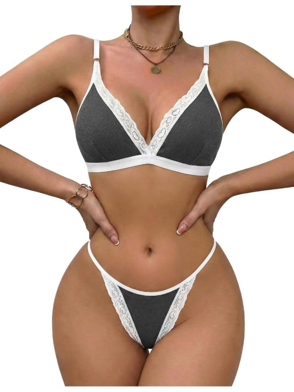 🆕Women's Dark Grey Ribbed Bra and Pany Set with Lace Trim Bralettes Lingerie
